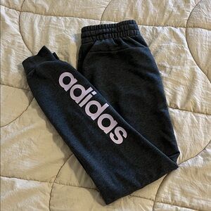 Adidas Women's Dark Gray Joggers with Purple Lilac Logo